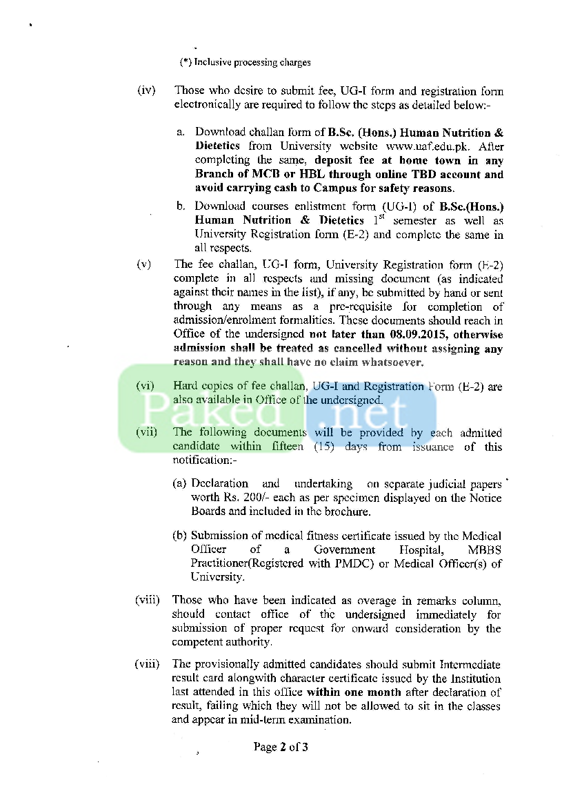 University of Agriculture (UAF), Faisalabad - First Merit List 2015